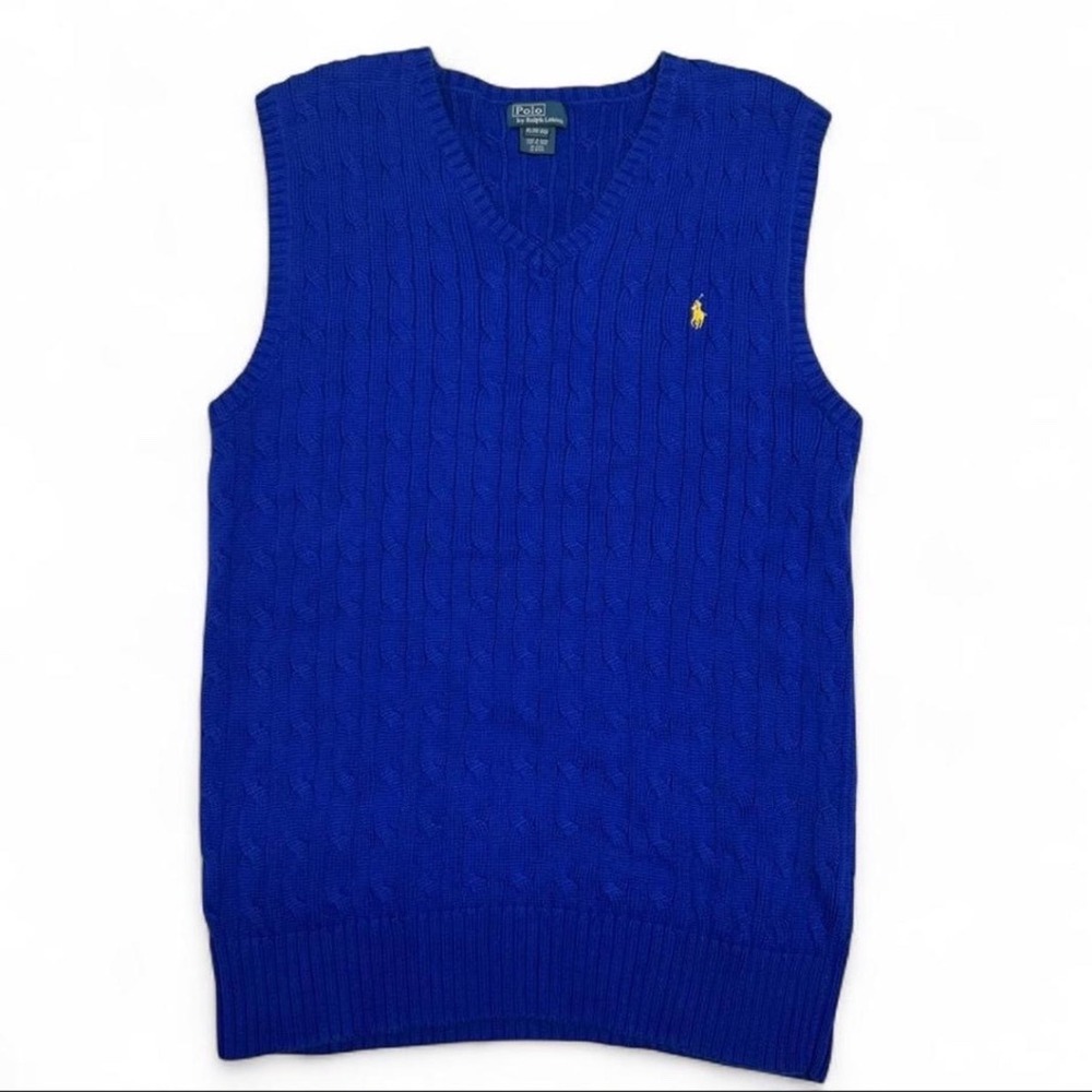 Polo Ralph Lauren Boys XL 18-20 Cable Knit Sweater Vest Royal Blue Yellow Pony